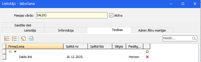 Lomas Saldo.link piesaiste lietotājam SALDO Horizon sistēmā