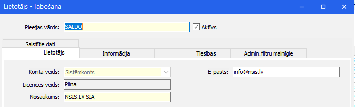 Horizon lietotāja SALDO kartīte