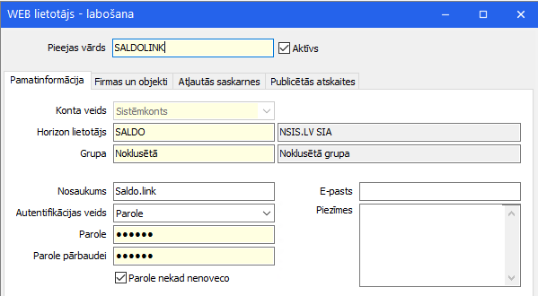 Horizon WEB lietotāja SALDOLINK iestatījumi