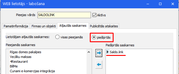 Saldo.link piešķiršana WEB lietotāja atļautajās saskarnēs