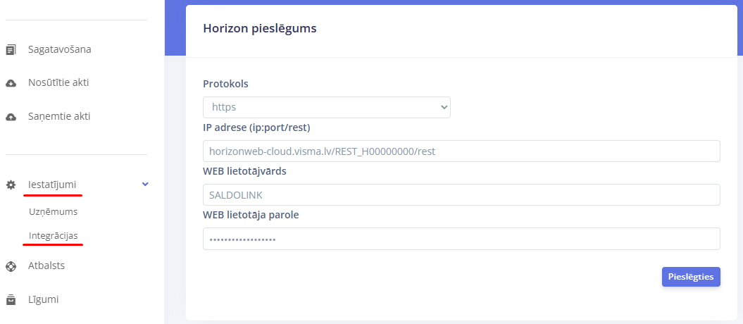 Horizon pieslēguma iestatījumi Saldo.link: protokols, adrese, WEB lietotājvārds un parole