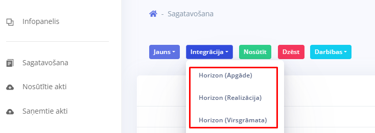 Izvēlne Integrācija sadaļā Sagatavošana ar trim Horizon importa avotiem